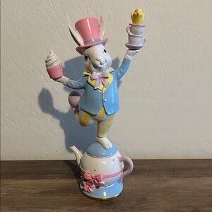 Tophat White Rabbit Figurine with Teacups, Cupcake & Chick Easter Decor
